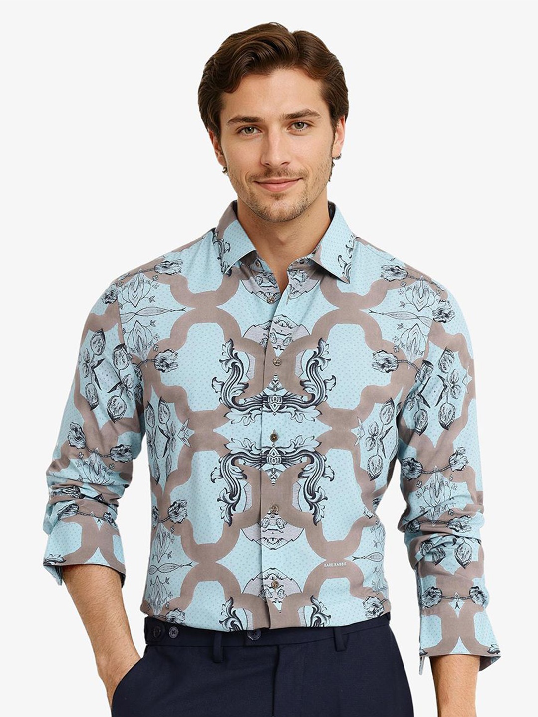 

RARE RABBIT Men Comfort Spread Collar Abstract Printed Casual Shirt, Turquoise blue