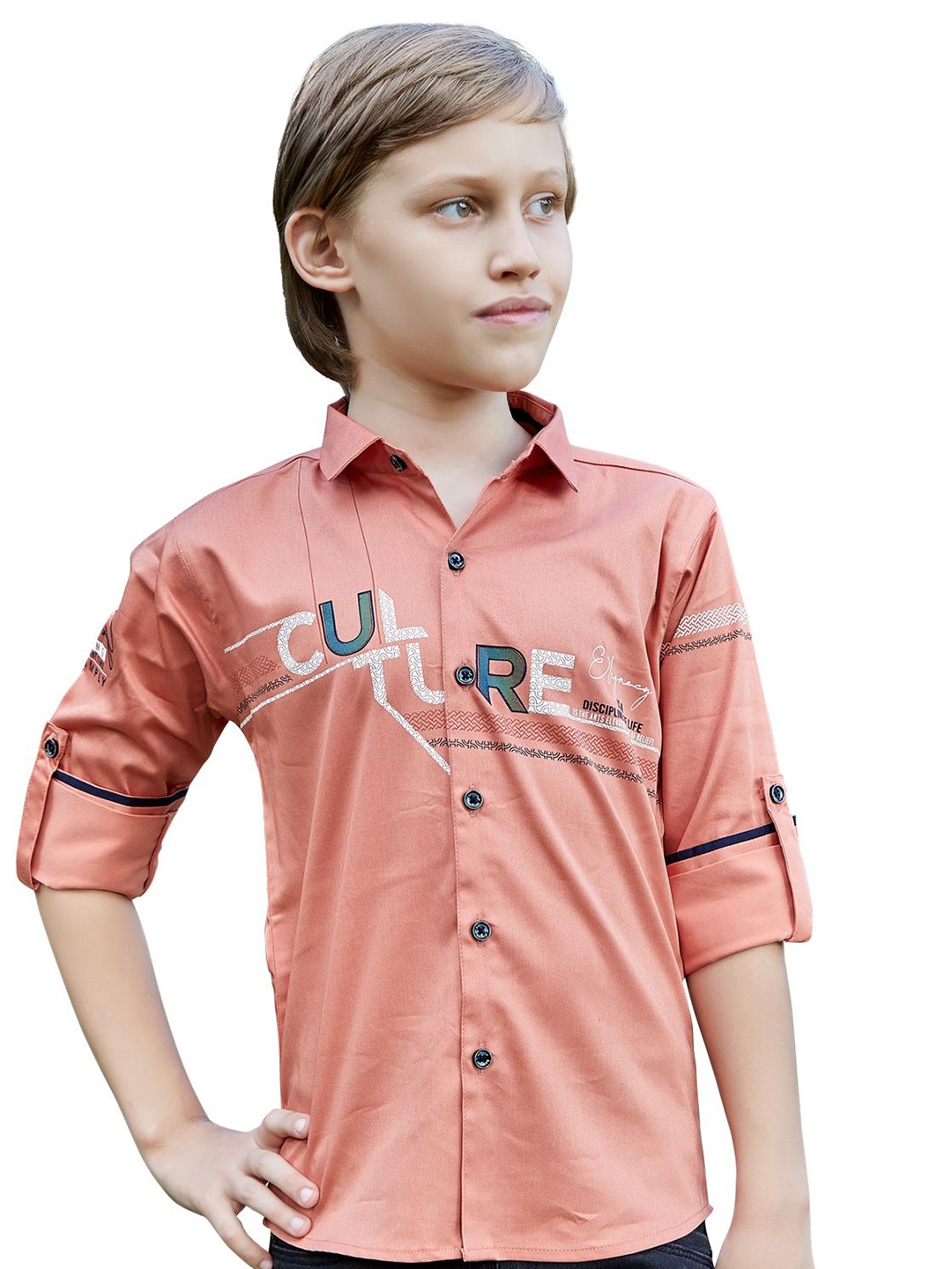 

MashUp Boys Classic Spread Collar Typography Printed Cotton Casual Shirt, Peach