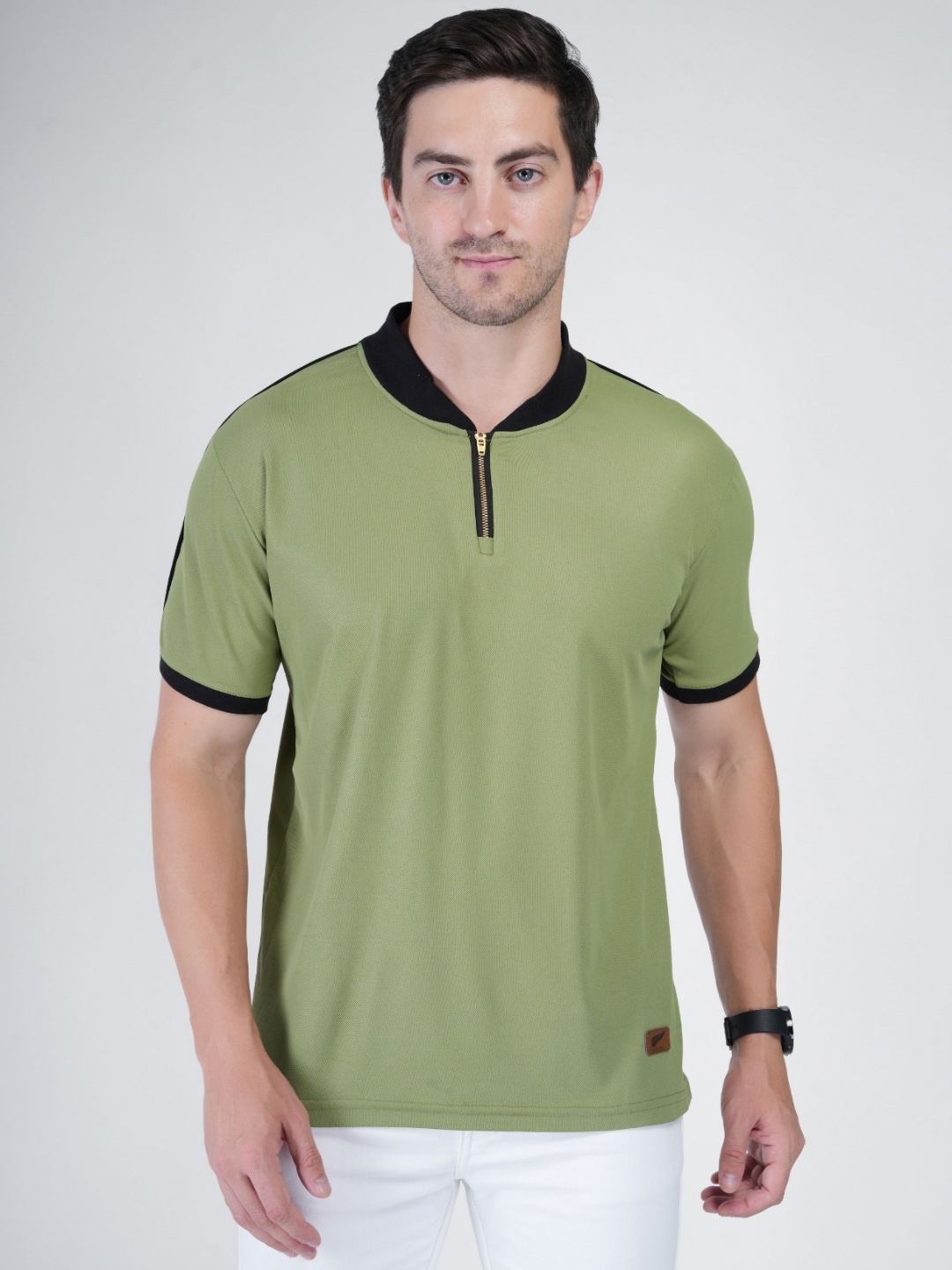 

Polo Plus Men Bio Finish Solid Mandarin Collar T-shirt, Olive