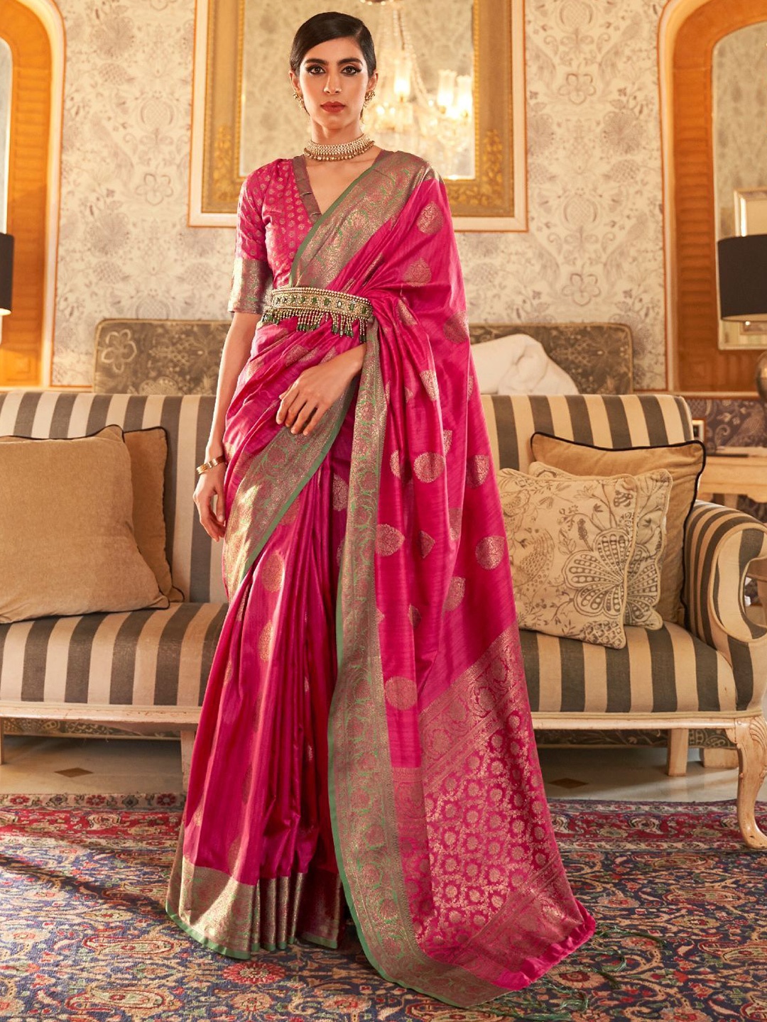 

ODETTE Woven Design Zari Saree, Pink