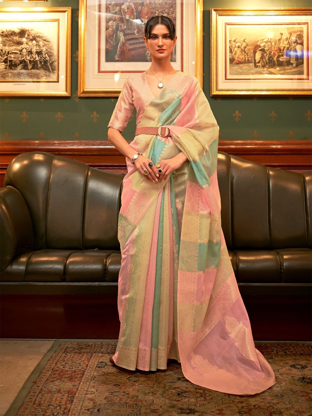 

ODETTE Woven Design Zari Organza Saree, Pink