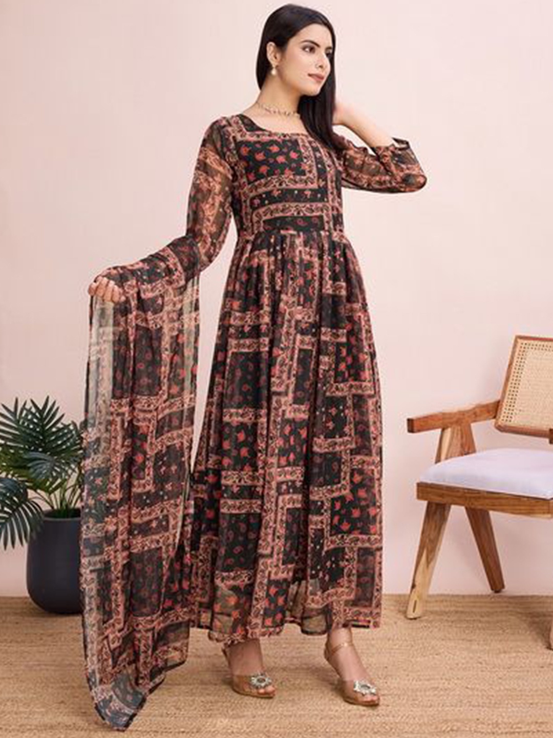 

Divyadham Textiles Floral Printed Georgette Maxi Ethnic Dresses With Dupatta, Brown