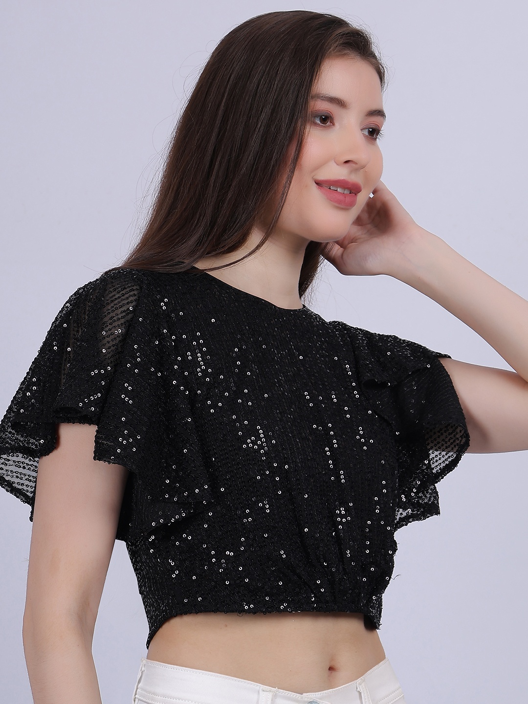 

Aumbe Women Embellished Round Neck Chiffon Top, Black