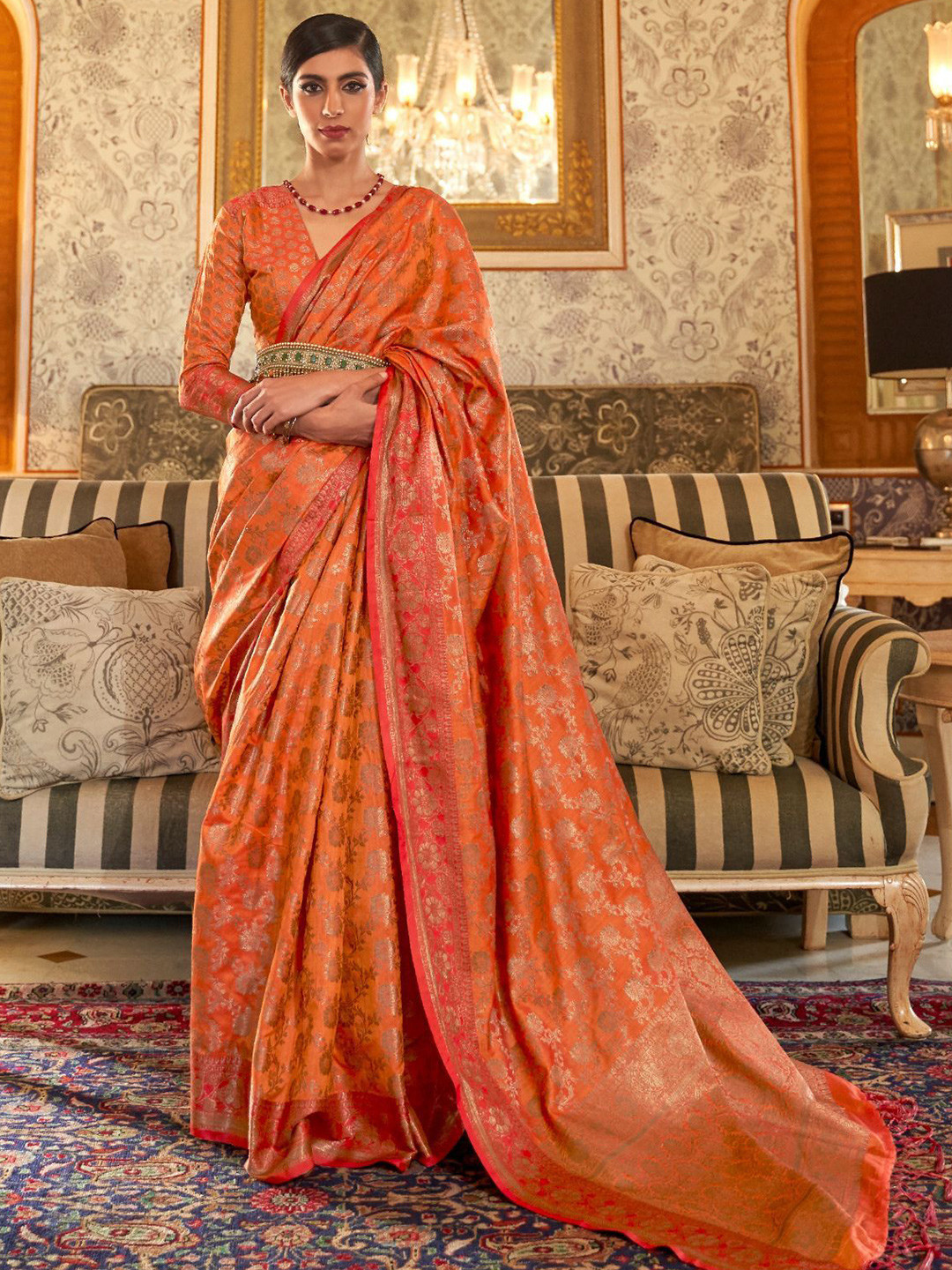 

ODETTE Ethnic Motifs Woven Design Zari Saree, Orange