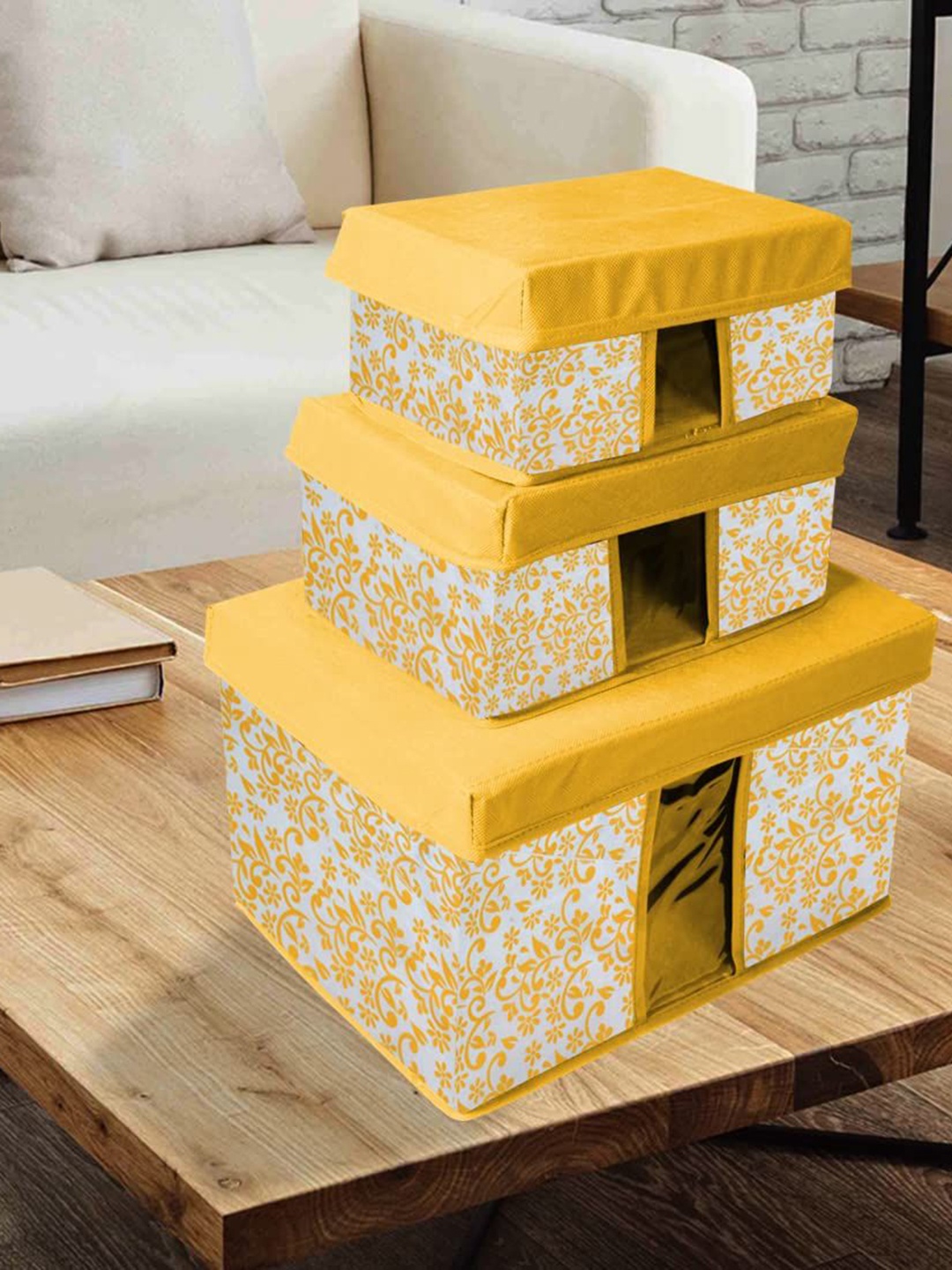 

prettykrafts Yellow 3 Pieces Printed Reusable Multi-Utility Organisers