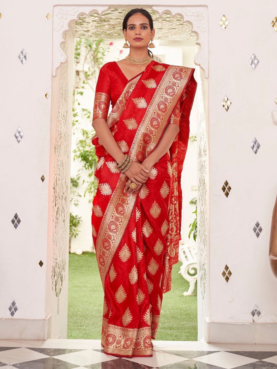 

ODETTE Woven Design Zari Satin Saree, Red
