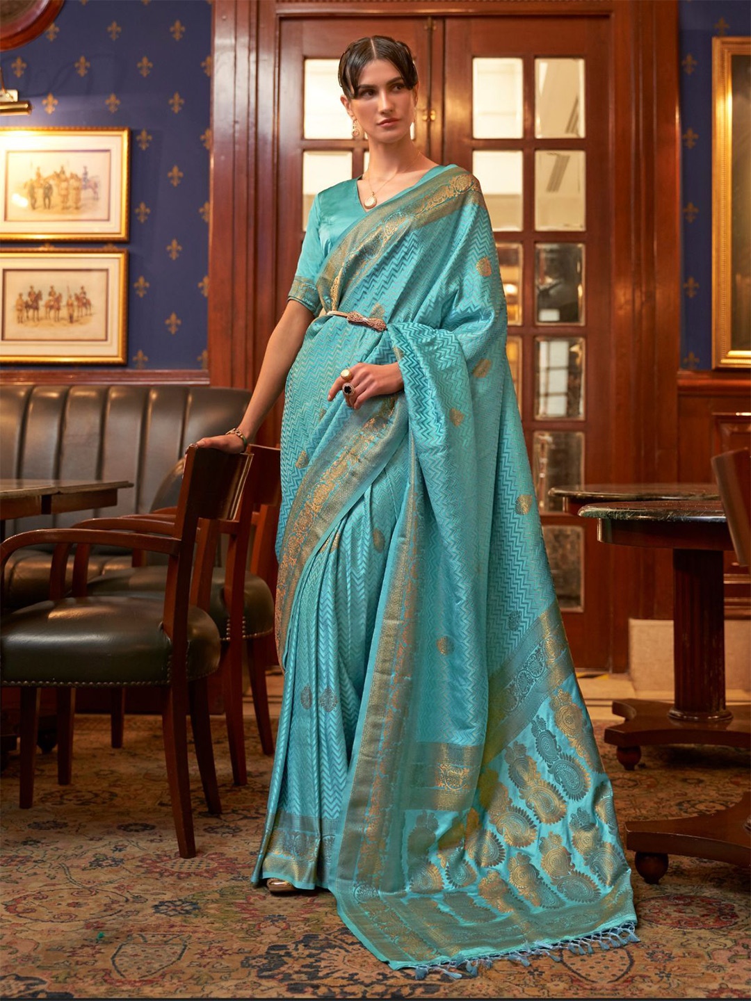 

ODETTE Woven Design Zari Saree, Blue