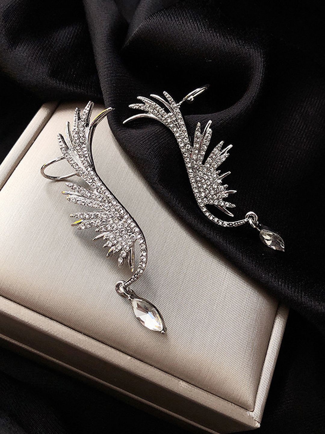 

KRENOZ Stainless Steel Silver Plated Rhinestone Studded Contemporary Drop Earrings