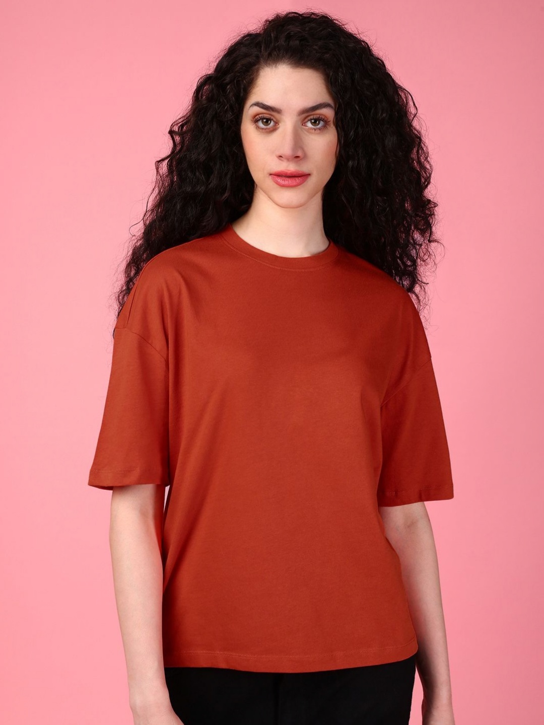 

DressBerry Women Solid Round Neck Cotton Boxy T-shirt, Rust