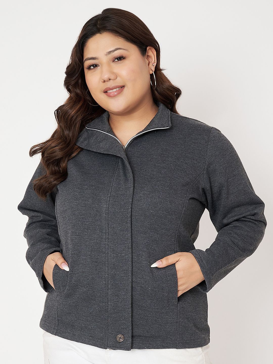 

BRINNS Women Plus Size Mock Collar Front-Open Sweatshirt, Charcoal