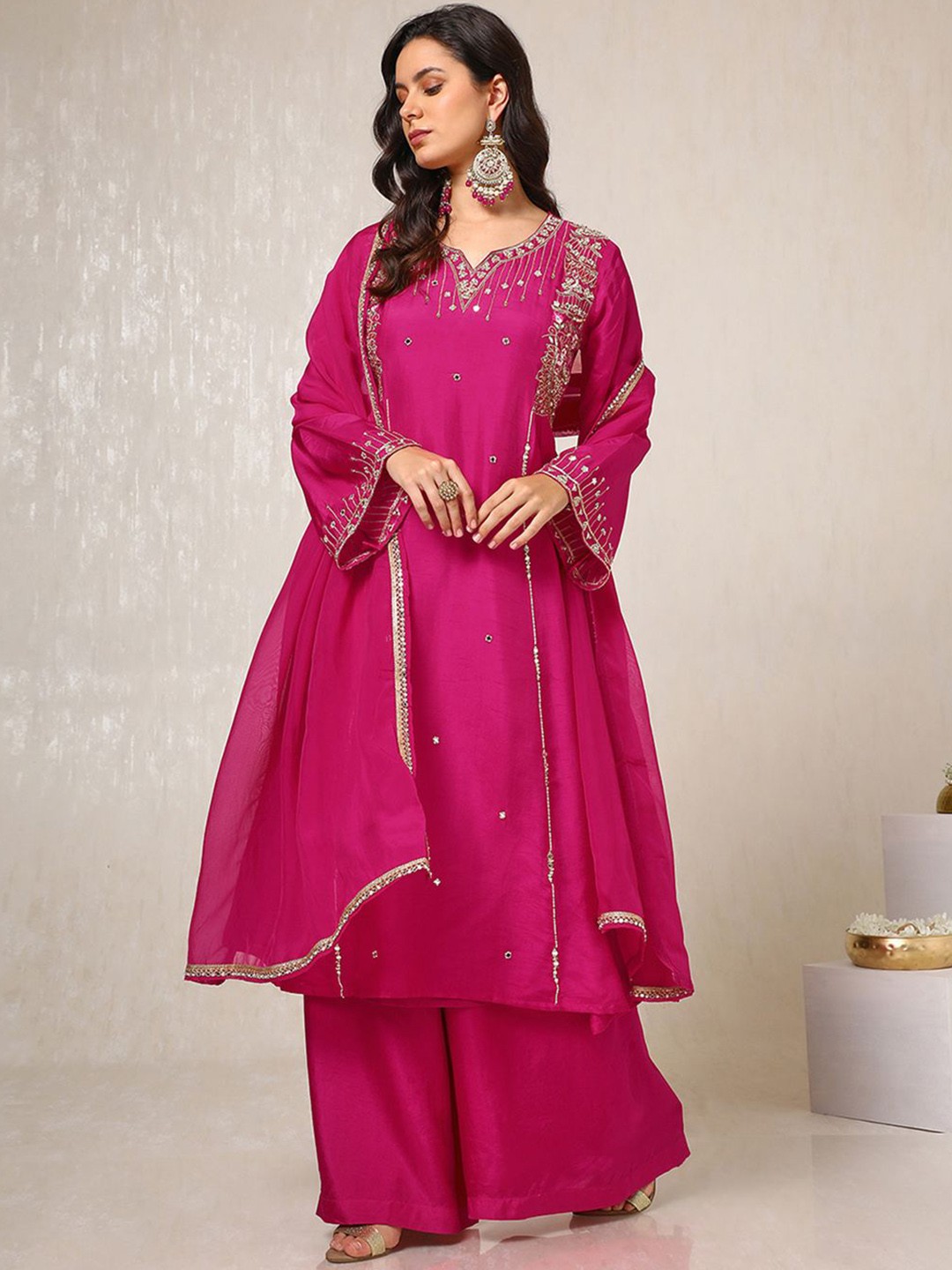 

Soch Pink Ethnic Motifs Embroidered Mirror Work Dupion Silk Kurta With Palazzos & Dupatta