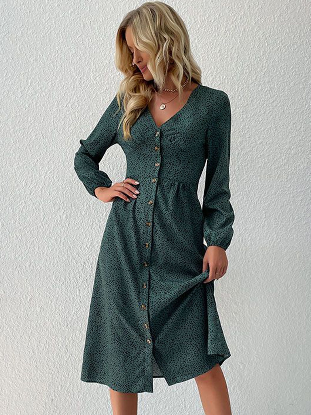 

HERE&NOW Women Abstract Printed Puff Sleeves A-Line Midi Dress, Green