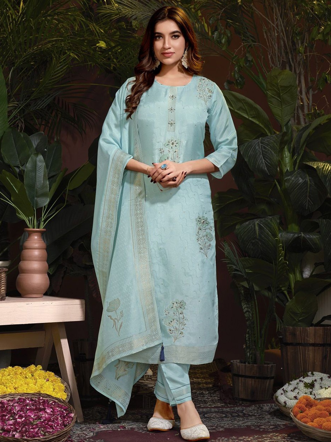 

JIVORA Floral Self Design Embroidered Beads and Stones Kurta with Trouser and Dupatta, Blue