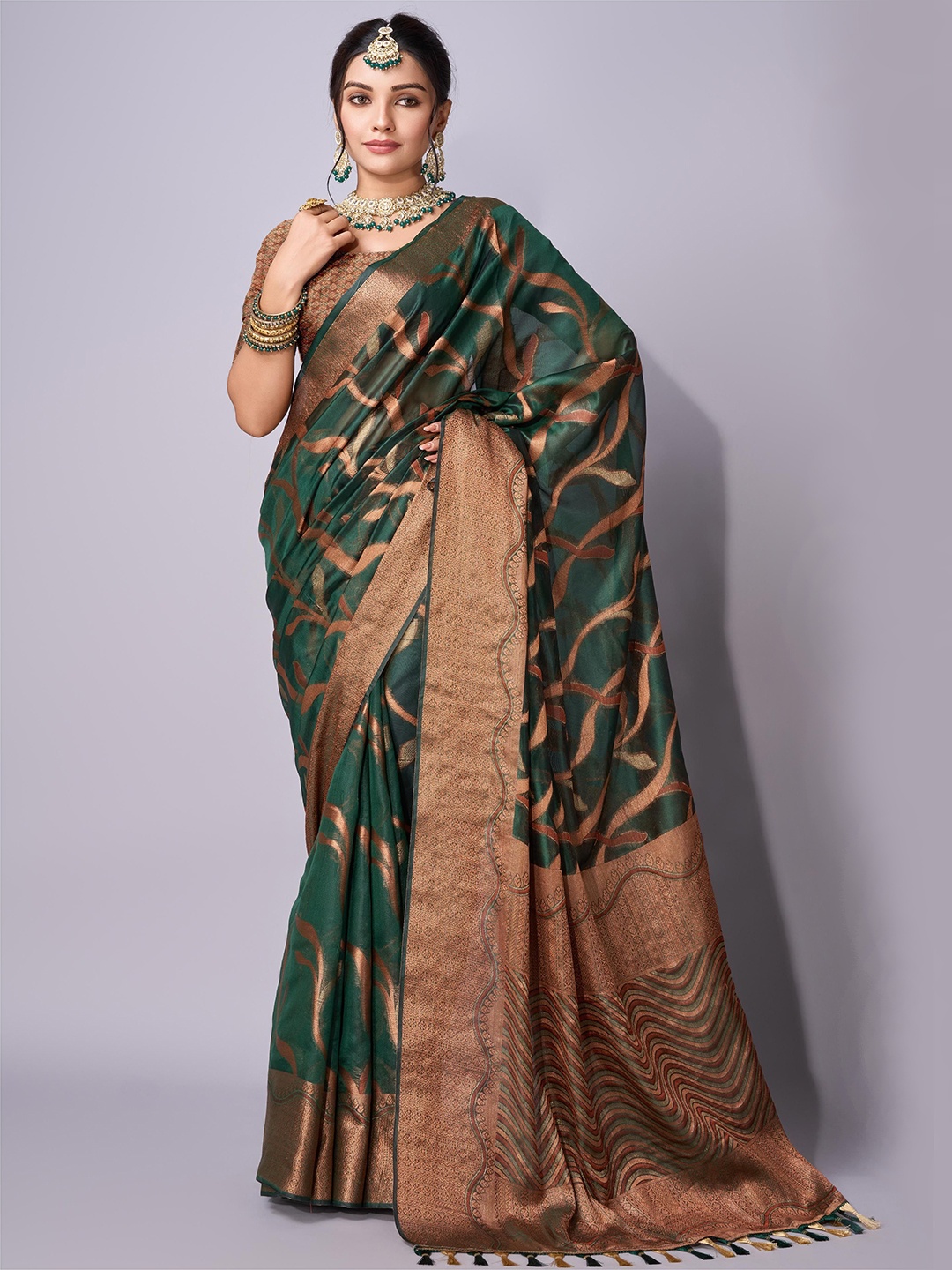 

KALINI Woven Design Zari Organza Saree, Green