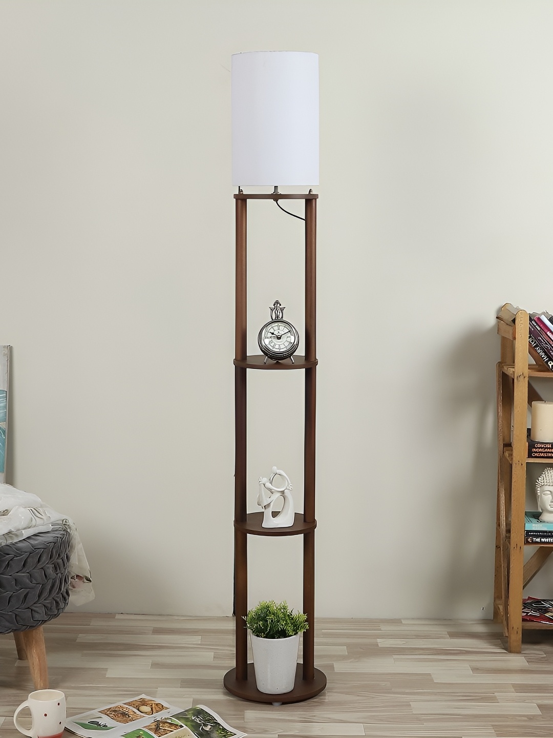 

pristine interiors Brown & White Wooden Round Shelf Floor Lamps