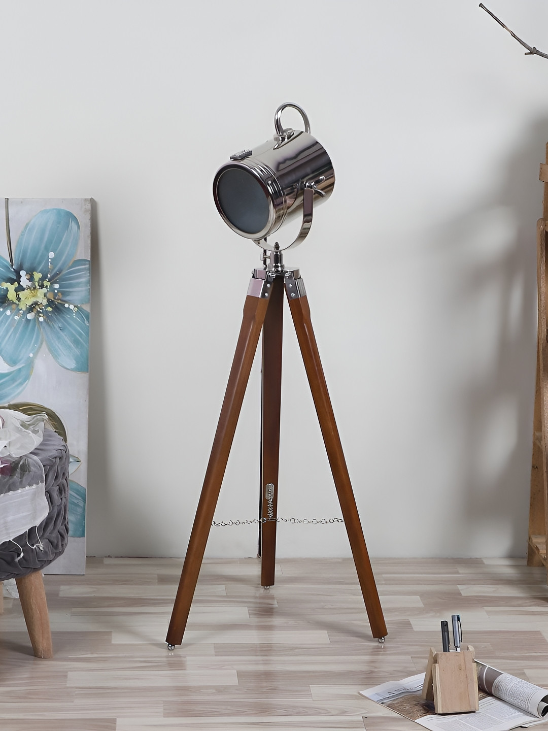 

pristine interiors Spot Light Brown & Black Wooden Tripod Spot Light Floor Lamp