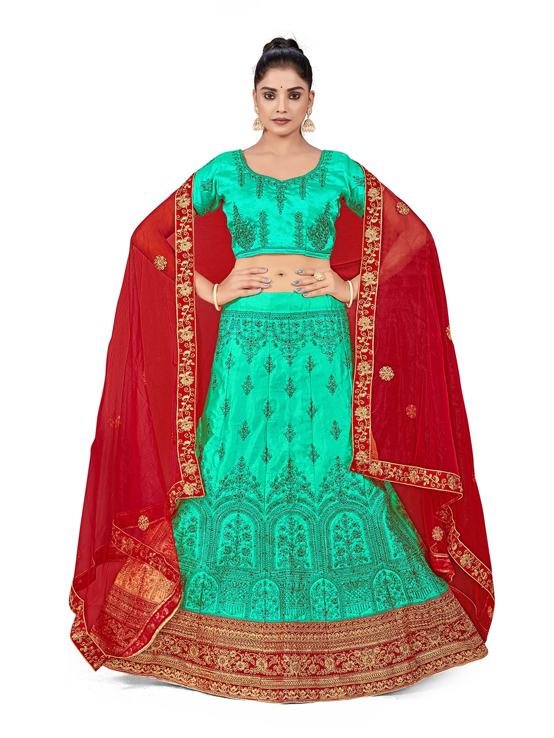 

Maroosh Embellished Thread Work Unstitched Lehenga & Blouse With Dupatta, Sea green