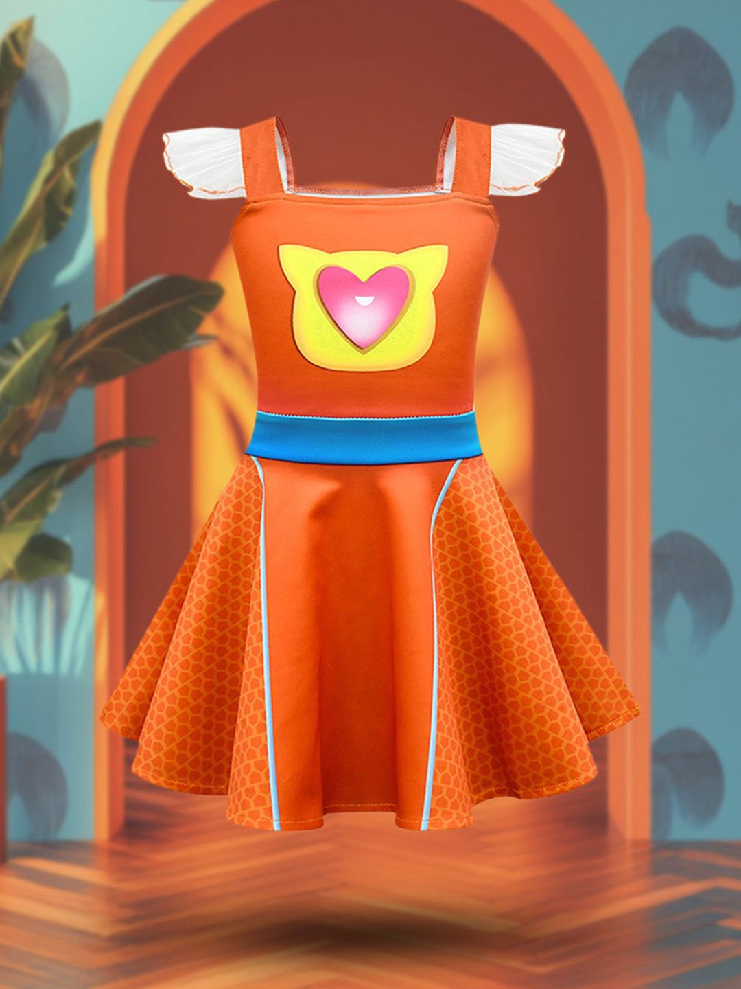 

INCLUD Girls Graphic Printed Flared Sleeve Fit and Flare Dress, Orange