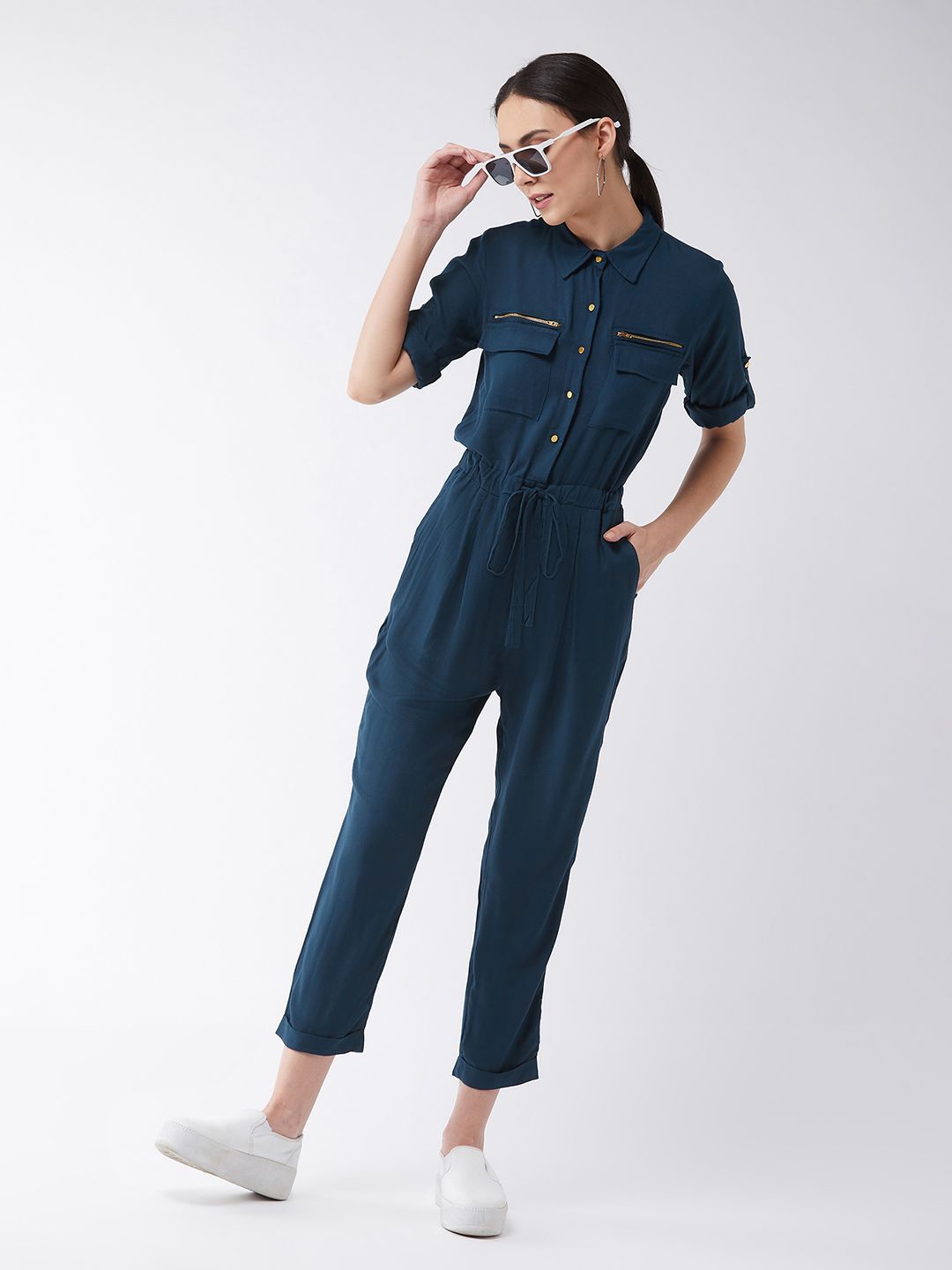 

BAESD Collared V-Neck 3/4 Sleeves Straight Leg Tie-Up Belted Wrap Jumpsuit, Blue