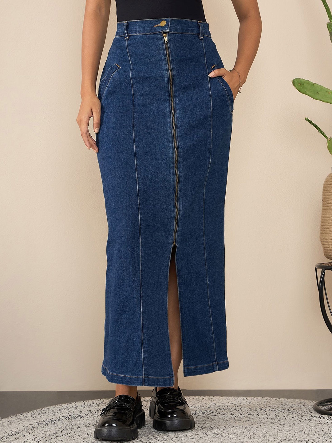 

StyleStone Women Denim Straight Maxi Skirt, Blue