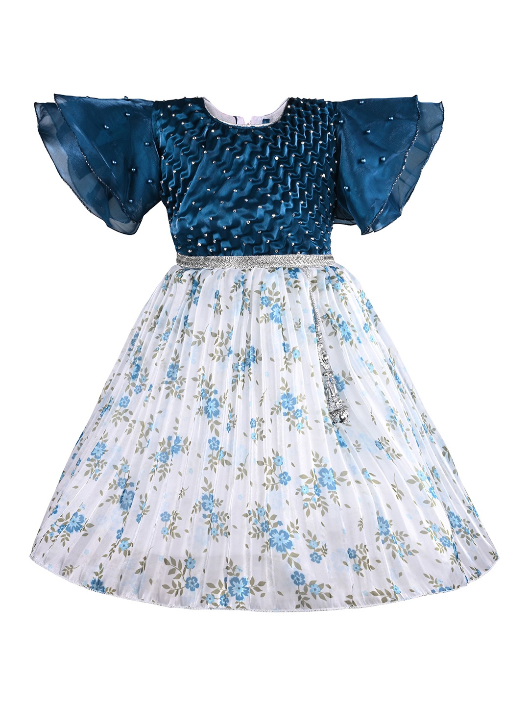 

Wish Karo Floral Print Flared Sleeve Fit & Flare Girls Dress, Blue