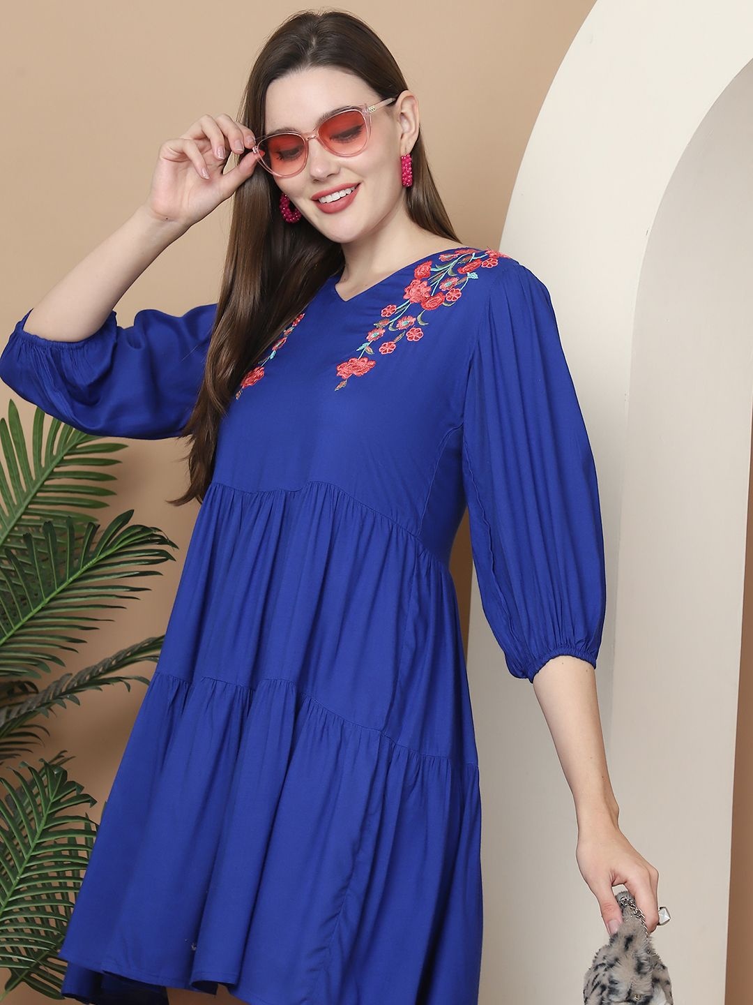 

Indian Needle Women Floral Embroidered Puff Sleeve A-Line Dress, Blue