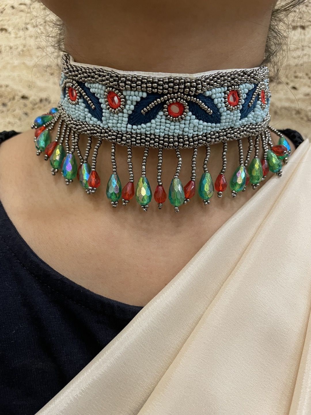 

Digital Dress Room Choker Beads Mirror Work Necklace, Blue