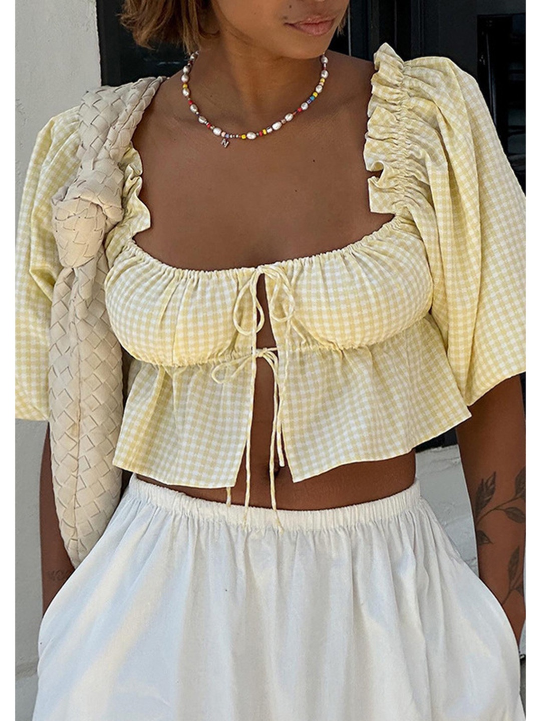 

LULU & SKY Women Checked Round Neck Top, Yellow