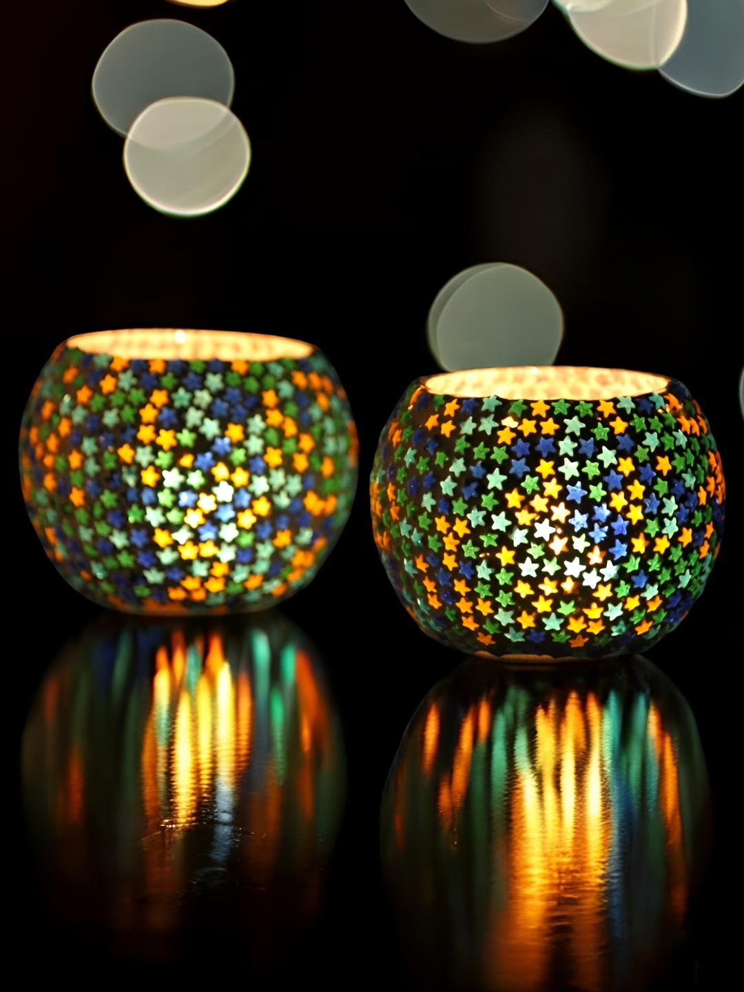 

Brahmz White & Green 2 Pieces Ethnic Glass Mosaic Candle Holders