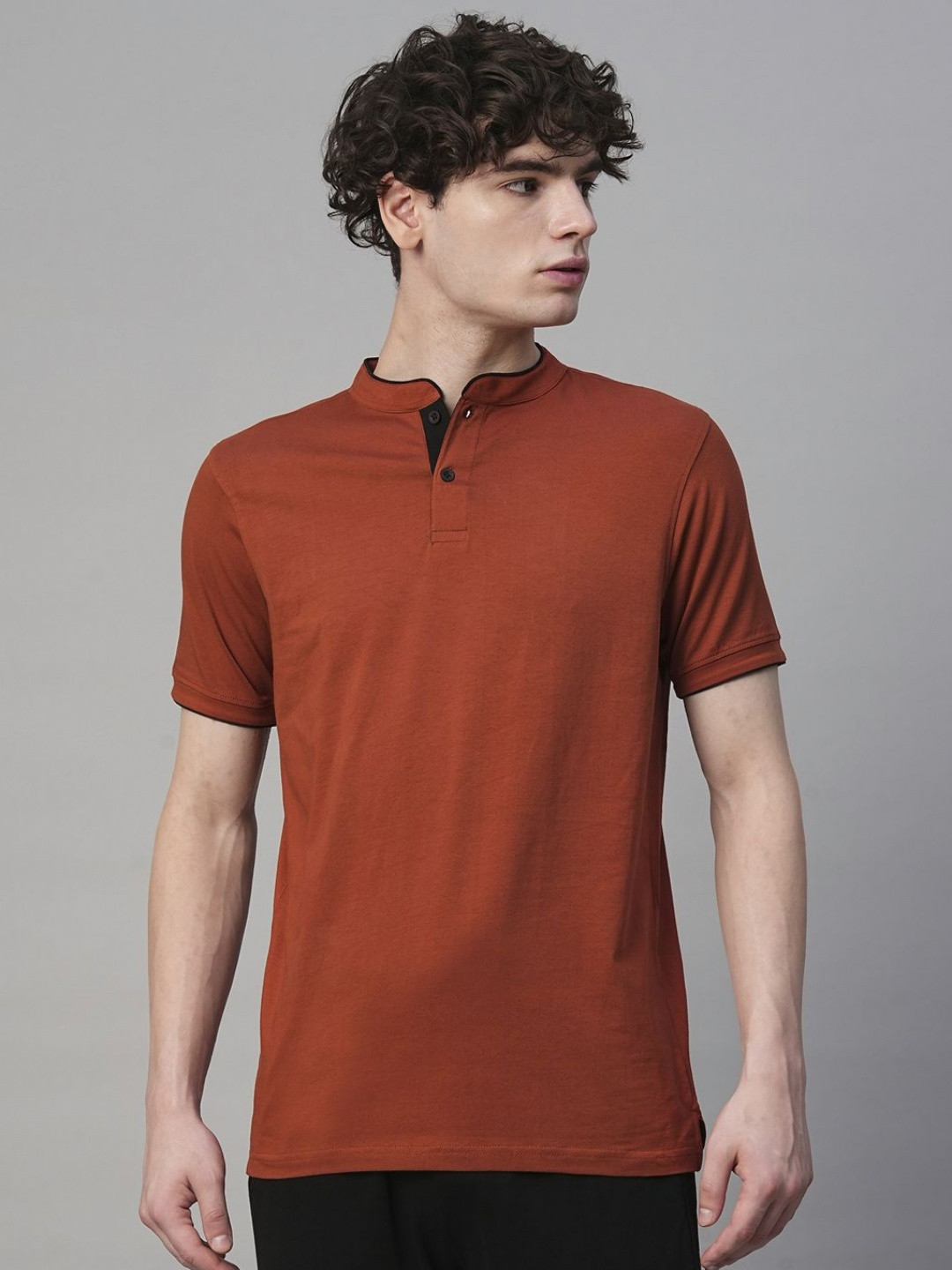 

PRONK Men Solid Henley Neck Cotton T-shirt, Rust