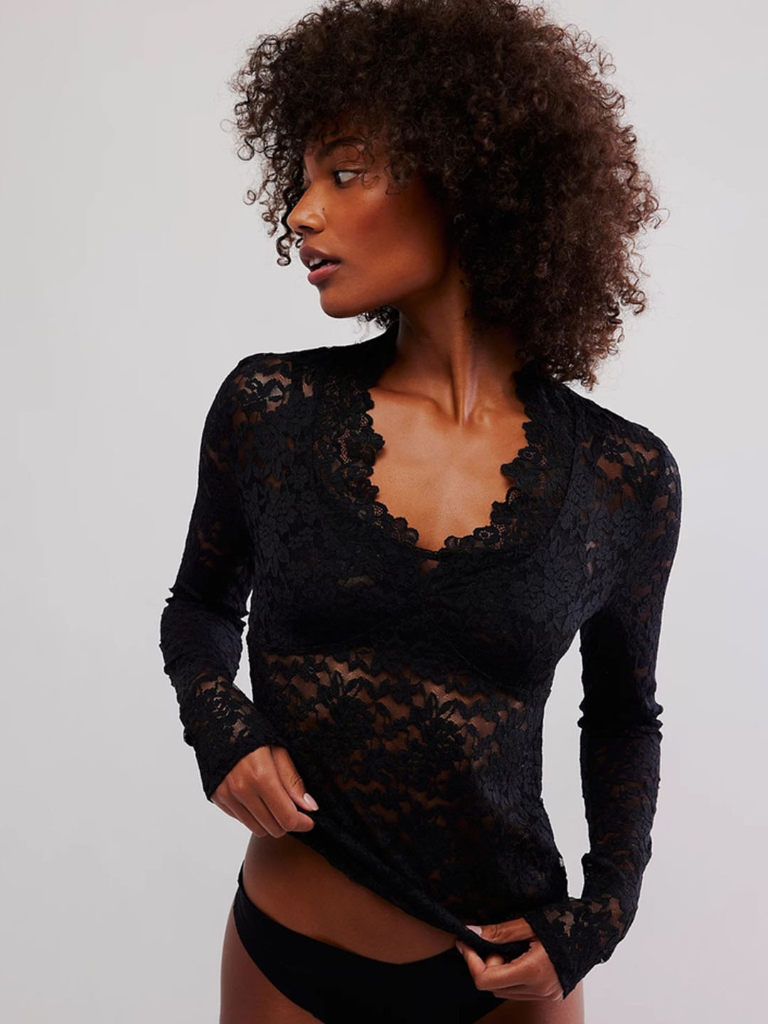 

LULU & SKY Women Self Design V-Neck Cotton Top, Black