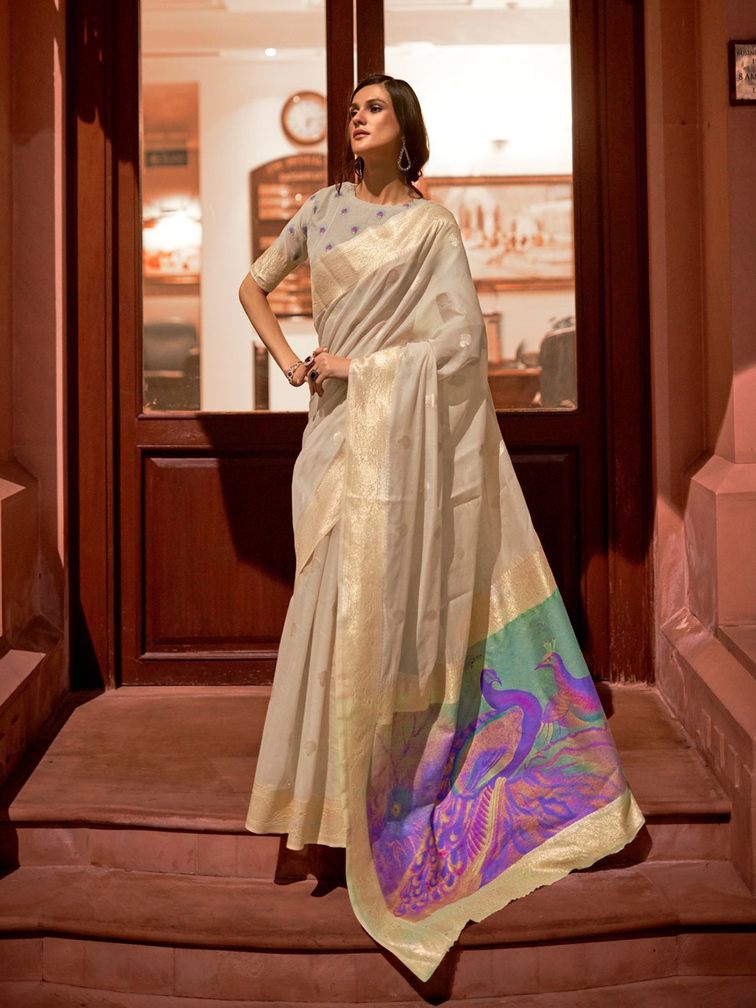 

ODETTE Woven Design Zari Saree, Beige