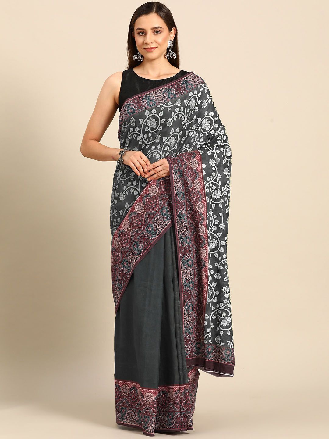 

BUTA BUTI Floral Printed Pure Cotton Saree, Black