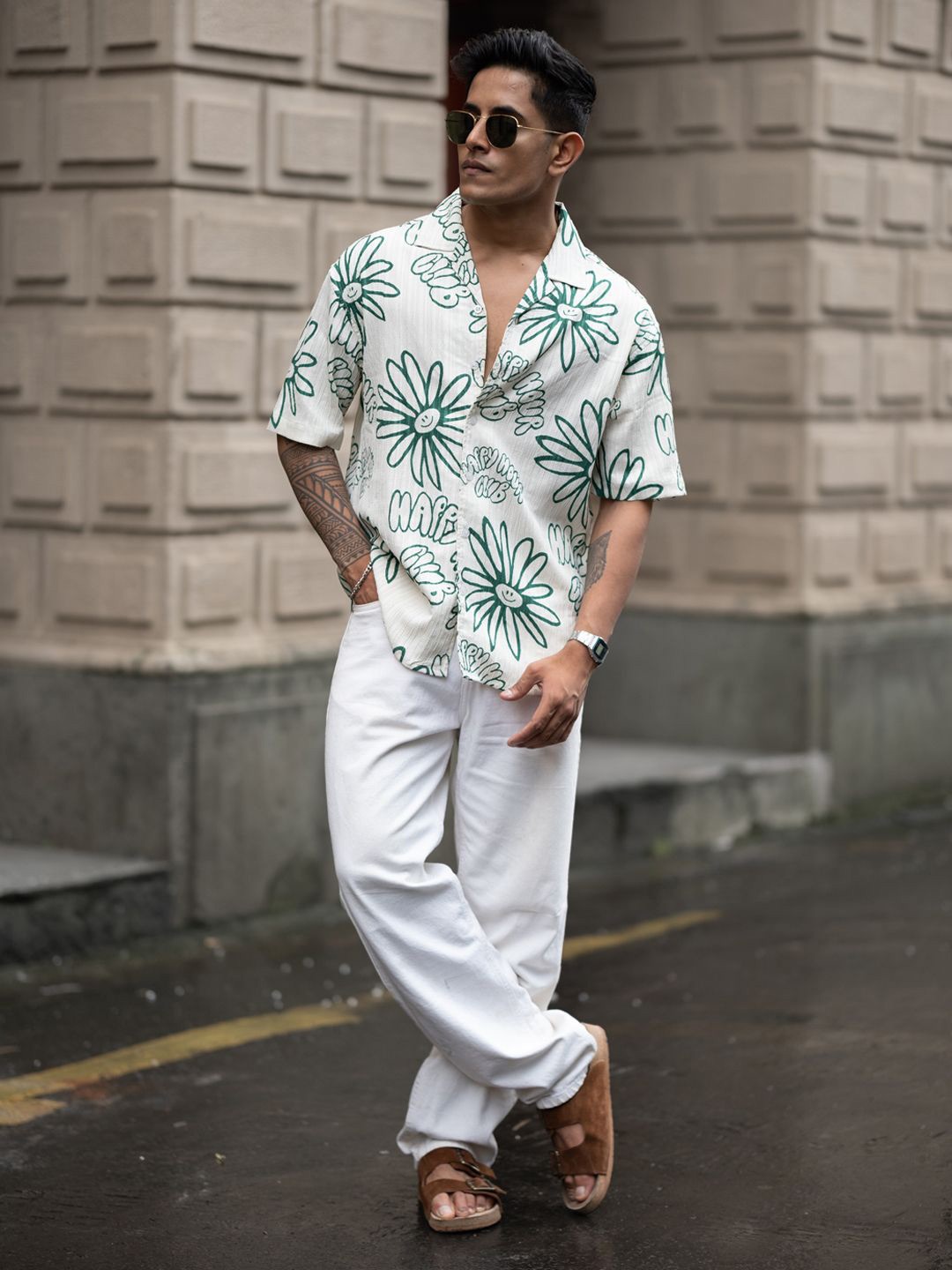

Powerlook Men Cuban Collar Floral Printed Oversized Casual Shirt, Green