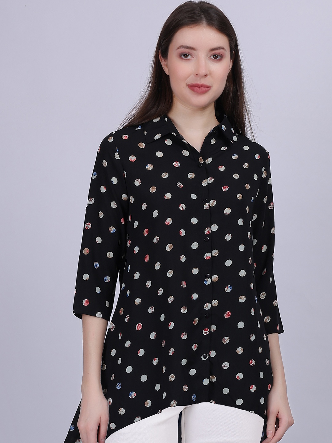 

Aumbe Women Geometric Printed Mandarin Collar Cotton Top, Navy blue