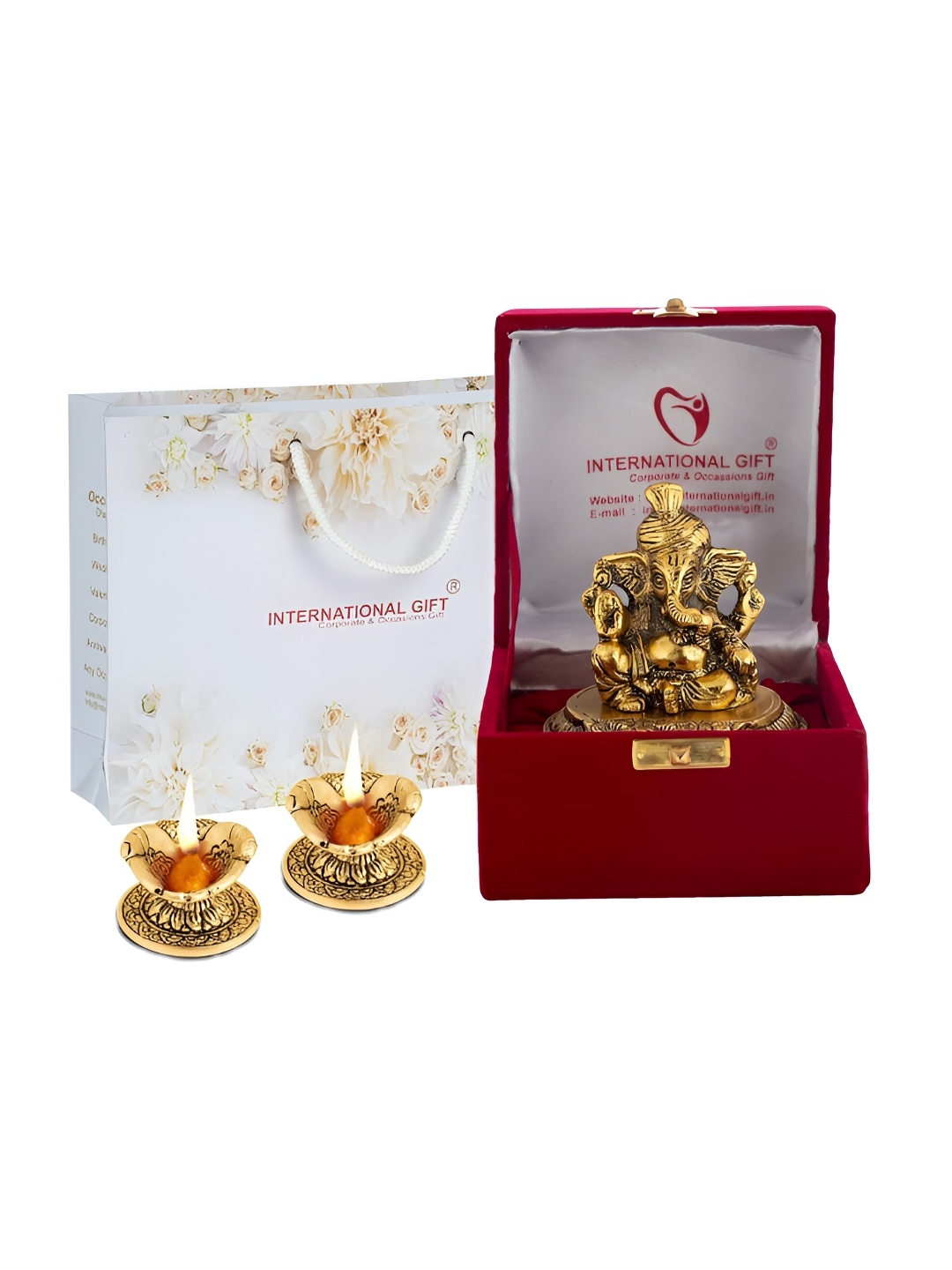 

INTERNATIONAL GIFT Gold-Toned Religious Figurine Showpiece With Diyas & Velvet Box