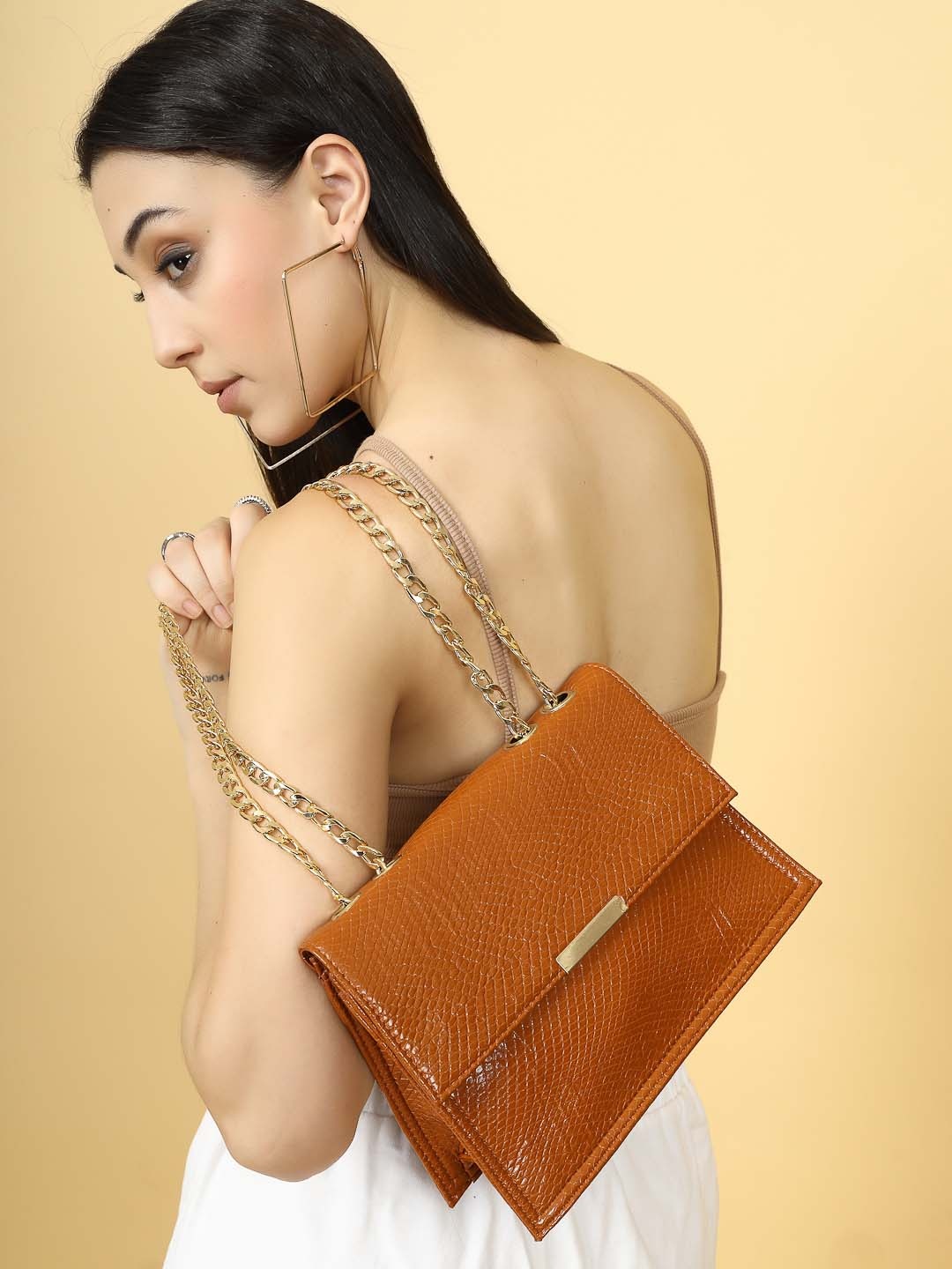 

DressBerry Women Textured PU Structured Tote Bag, Tan