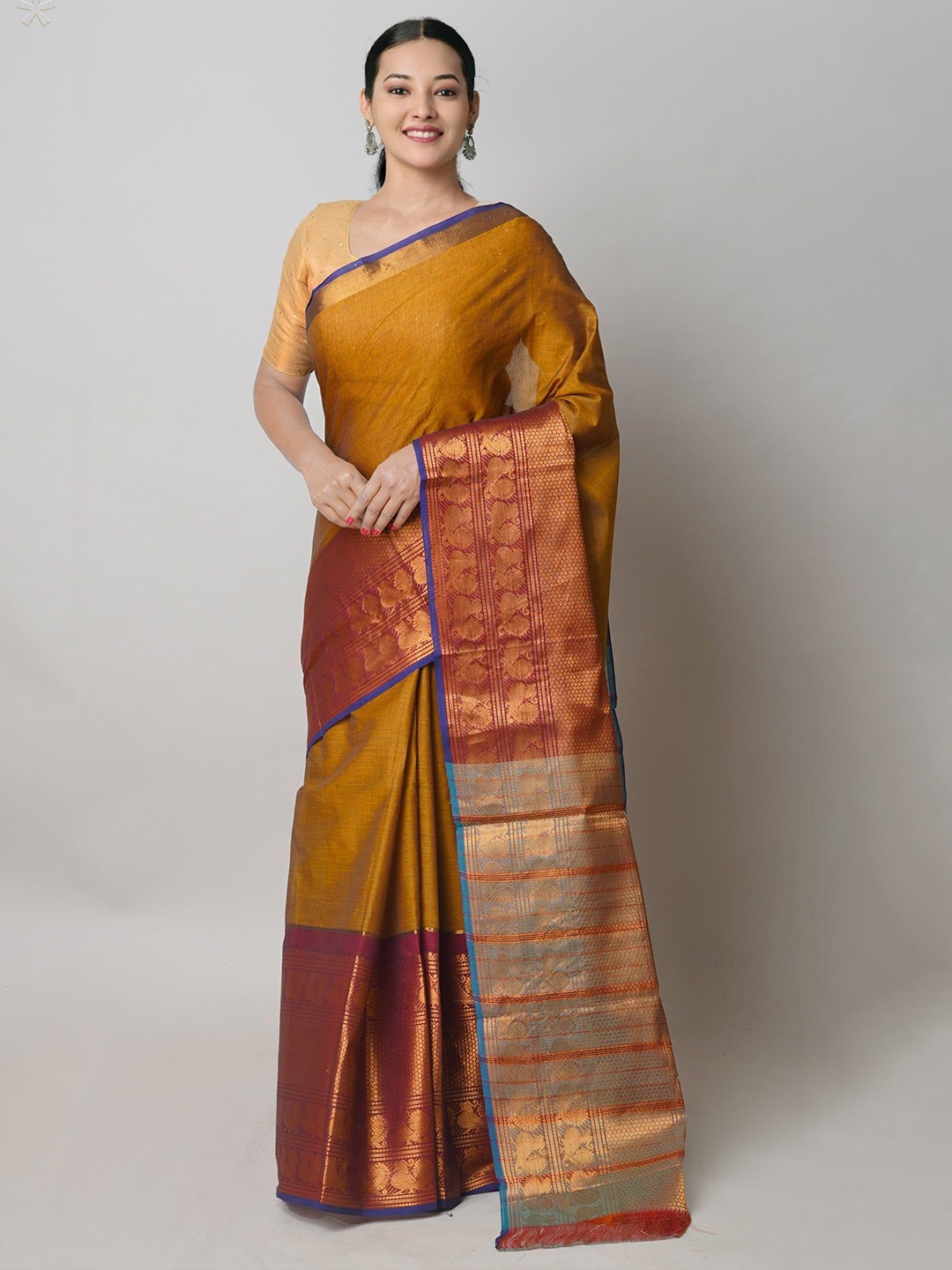 

Unnati Silks Zari Pure Cotton Handloom Narayan Peth Saree, Mustard