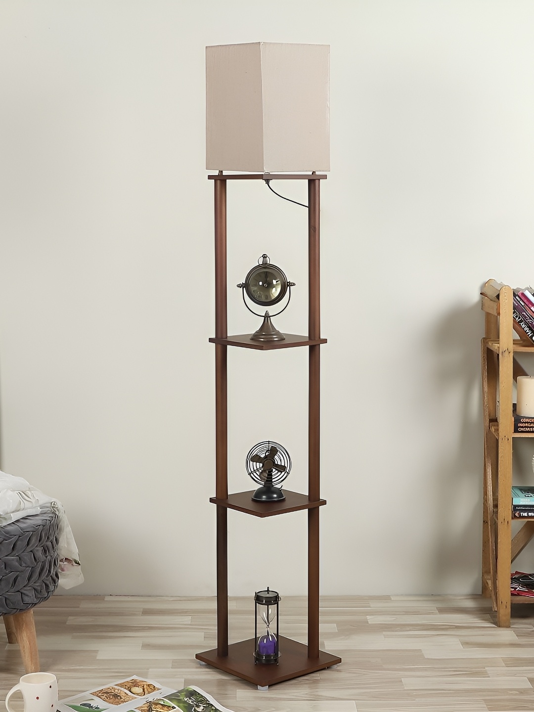 

pristine interiors Issac White & Brown 3-Tier Wooden Shelf Floor Lamp