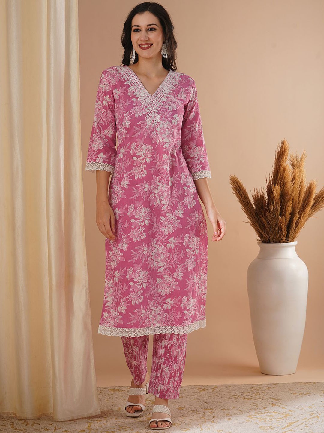 

FASHOR Floral Printed Sequinned Pure Cotton Straight Kurta With Trouser, Pink