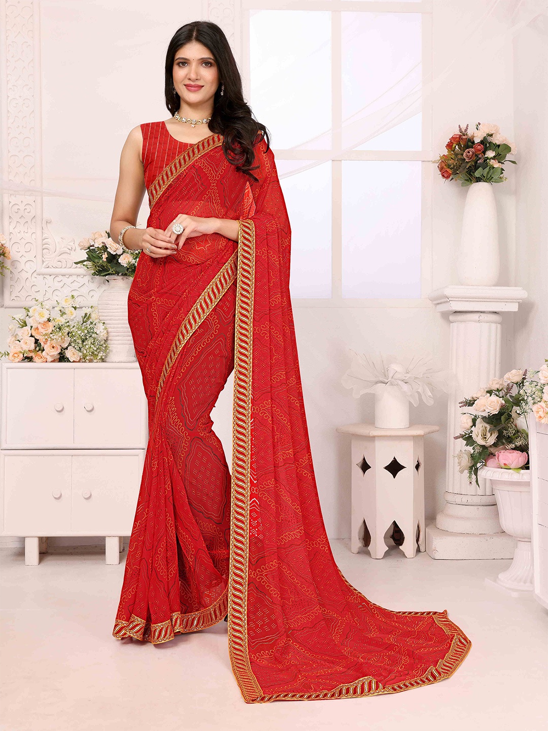 

sareyavella Bandhani Printed Saree, Red