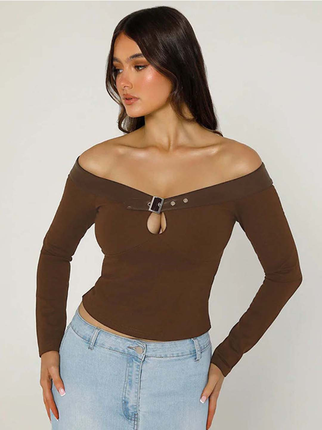 

LULU & SKY Women Solid Off-Shoulder Top, Brown