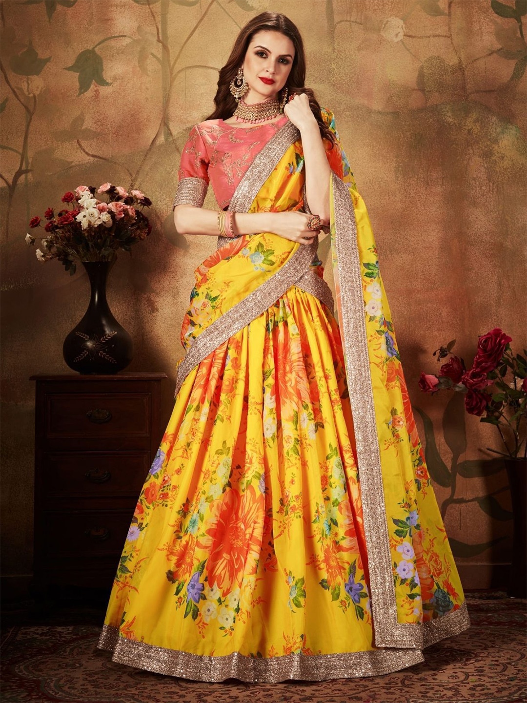 

ODETTE Floral Printed Sequinned Semi-Stitched Lehenga & Blouse With Dupatta, Yellow