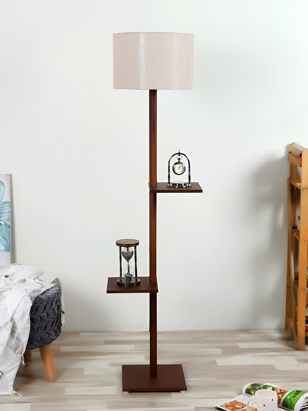 

pristine interiors Corina White & Brown Wooden 2-Tier Shelf Floor Lamps