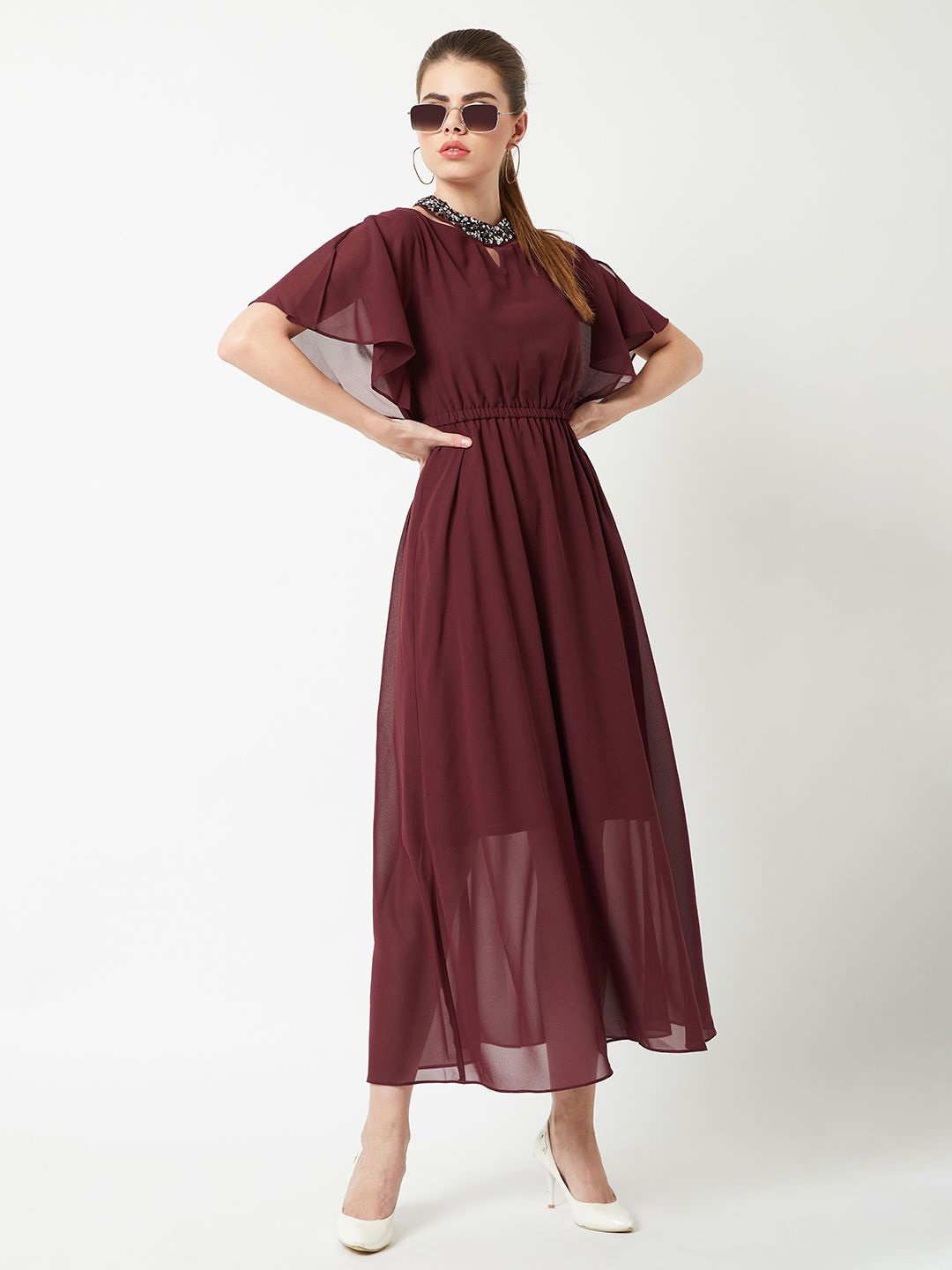 

BAESD Flared Solid Embellished Choker/Gathered Maxi Dress, Maroon