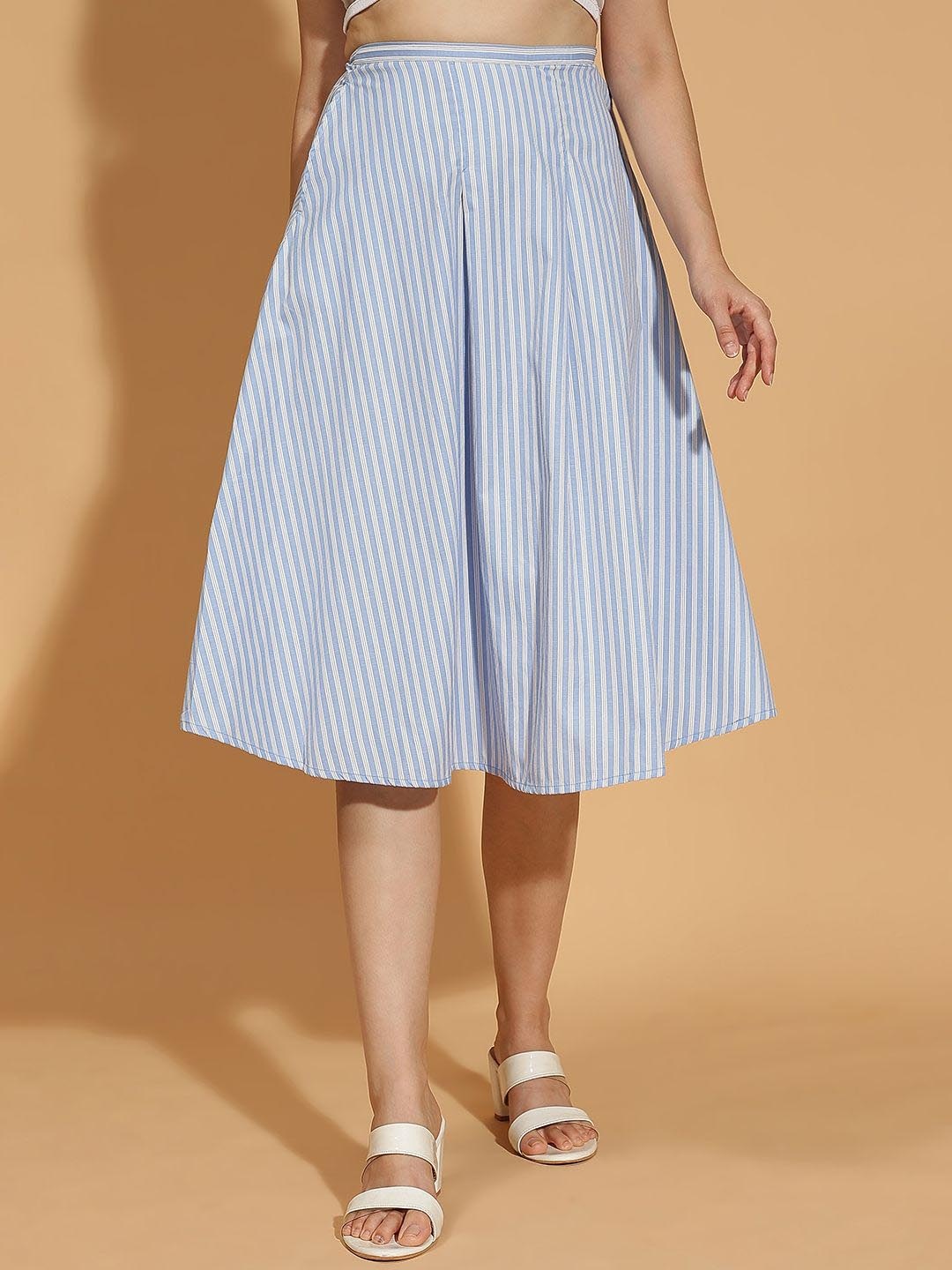 

Oxolloxo Women Striped Pure Cotton Flared Midi Skirt, Blue