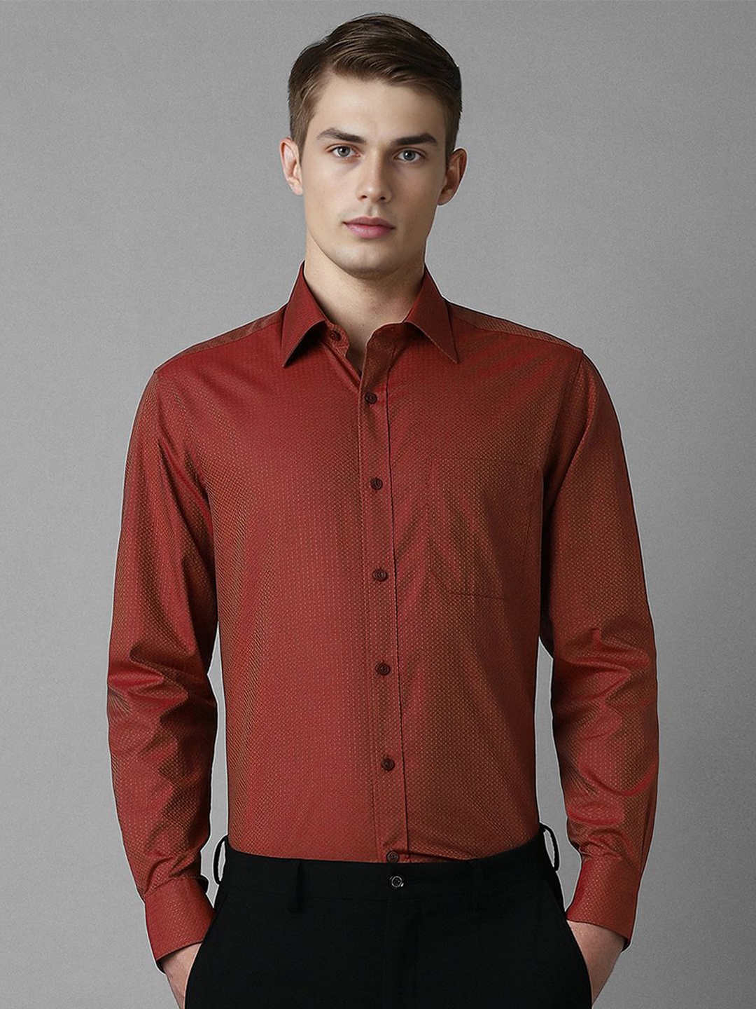 

Louis Philippe Men Classic Spread Collar Solid Cotton Formal Shirt, Maroon