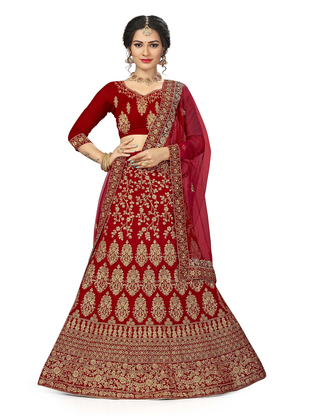 

Maroosh Embroidered Thread Work Unstitched Lehenga & Blouse With Dupatta, Red