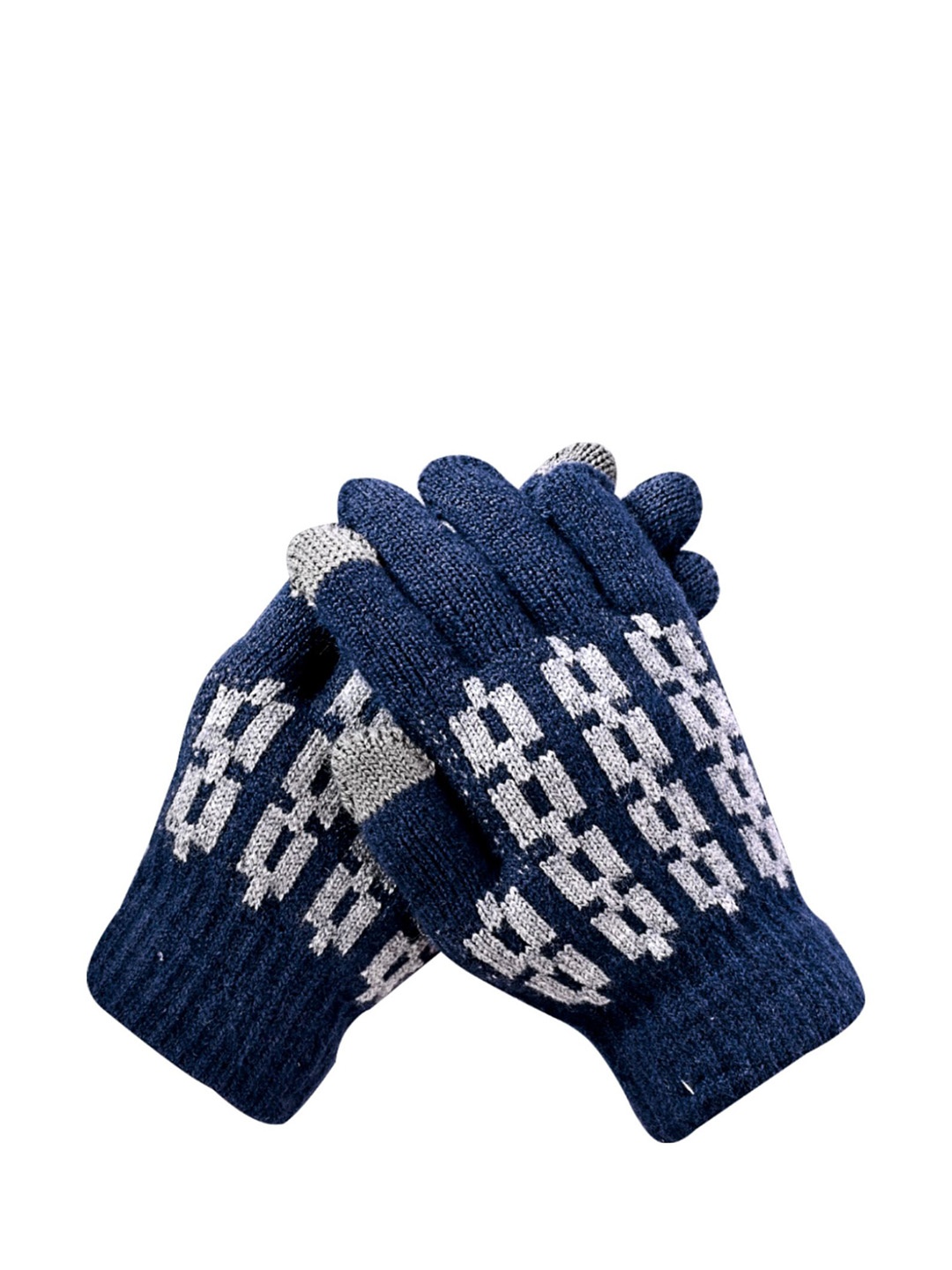 

LOOM LEGACY Men Patterned Acrylic Winter Gloves, Navy blue
