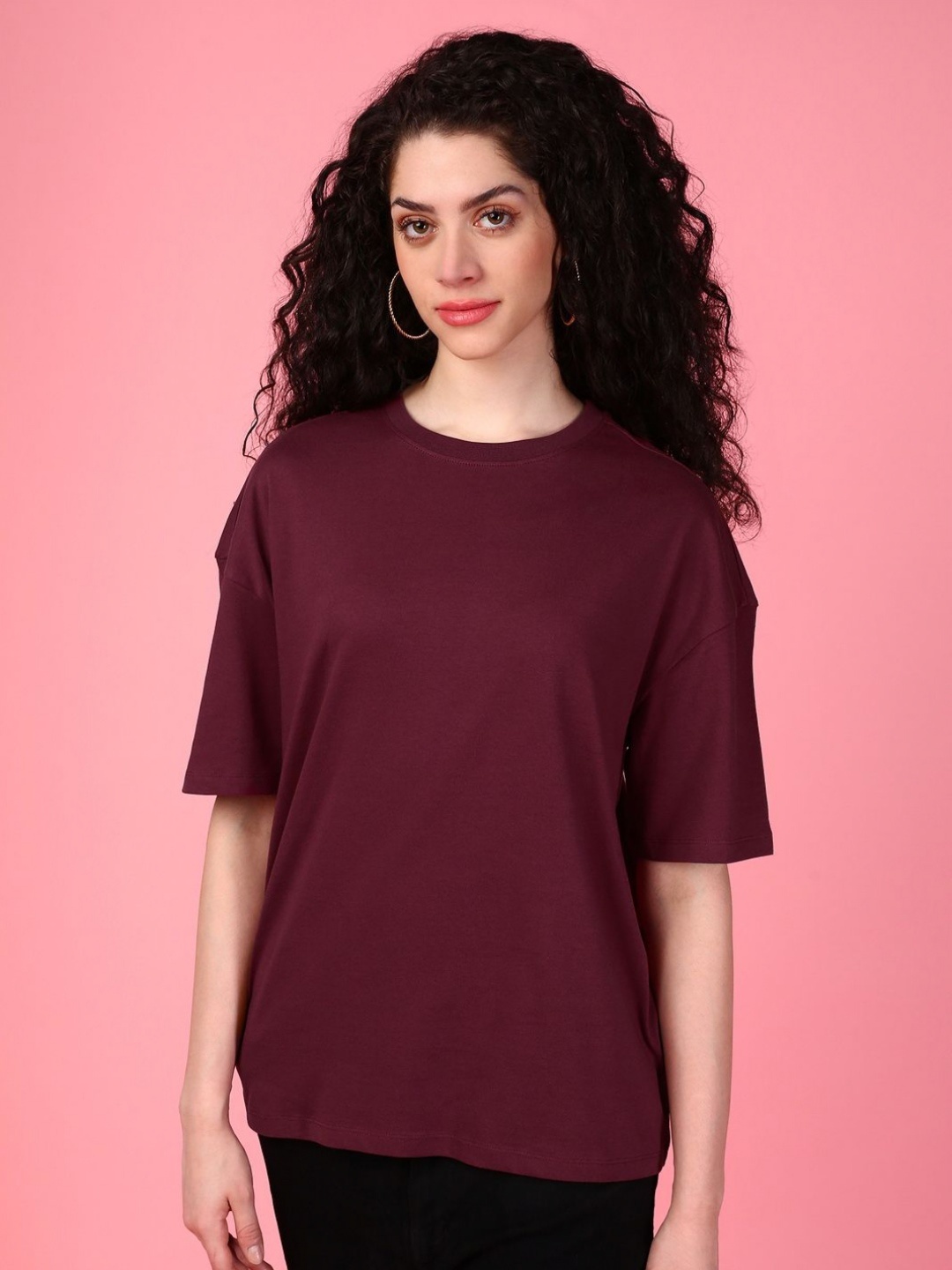 

DressBerry Women Solid Round Neck Cotton Oversized T-shirt, Maroon